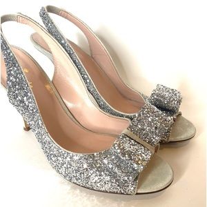 Kate Spade Silver Charm Glitter Bow Slingbacks